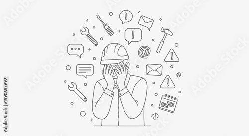 Stressed Construction Worker or Engineer Holding Head, Surrounded by Tools and Workplace Icons, Illustrating Overwhelm.