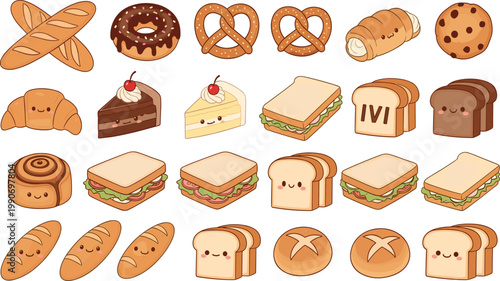 Big collection of cute bakery and bread characters including croissant baguette sandwich cake donut and cookies isolated on white background vector illustration