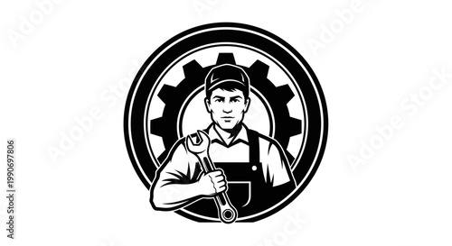 Determined Mechanic or Worker Holding a Wrench, Framed by a Gear Symbol, in Monochrome Style on a White Background.