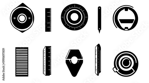 Eight monochrome icons, showcasing geometric shapes and measuring tools on white background, in a grid format