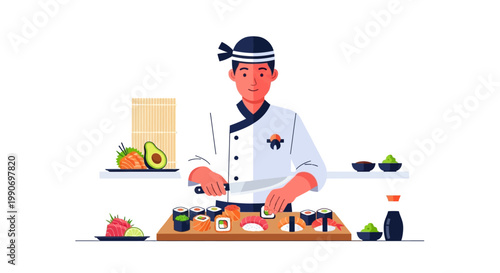Chef preparing sushi with ingredients.