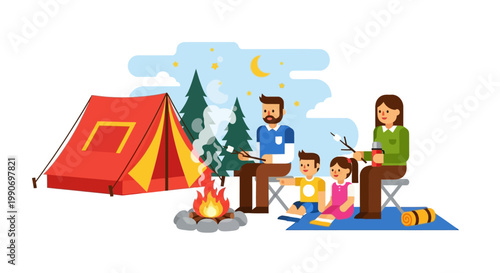 Family on camping trip together outdoors.