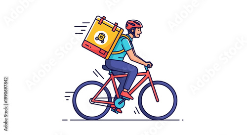 Delivery man riding bicycle fast.