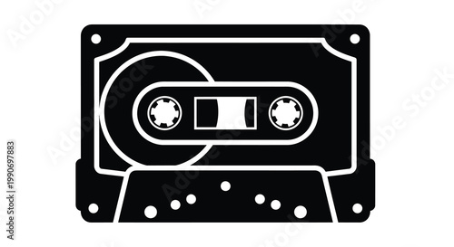 A stark black silhouette of a vintage audio cassette tape