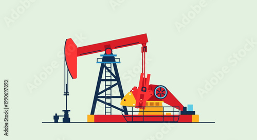 Red Oil Pumpjack Operating in an Oil Field, Illustrating Petroleum Production Against a Light Green Background.