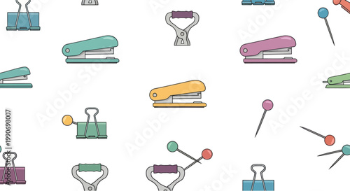 Office Supplies Seamless Pattern: Staplers, Binders, Push Pins - Flat Design