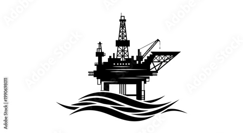 Offshore Oil Rig Drilling Platform on Waves Silhouette on an Isolated White Background