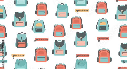 Seamless Pattern of Colorful Backpacks and Zippers on White Background