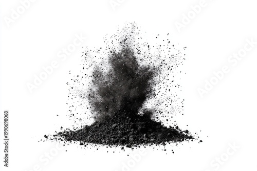 Black powder explosion against a stark white backdrop, showcasing dynamic dispersal