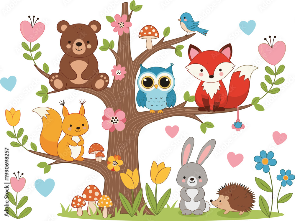 Naklejka premium Cute Woodland Animal Tree Set Featuring Bear Fox Owl Squirrel Rabbit and Hedgehog with Colorful Flowers and Mushrooms for Childrens Nursery Wall Art and Nature Illustration Designs