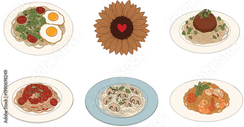 Italian Cuisine Pasta and Breakfast Illustration Set with Spaghetti, Meatball Dish, Mushroom Pasta, Fried Eggs, and Sunflower Decoration for Menu Design and Food Graphics