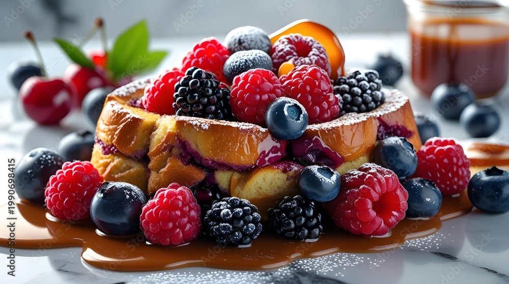 Obraz premium Berry Bread Pudding with an assortment of vibrant mulberries, plump raspberries, ripe cherries, and fresh blueberries bursting with juicy sweetness, and a crispy golden-brown French toast top