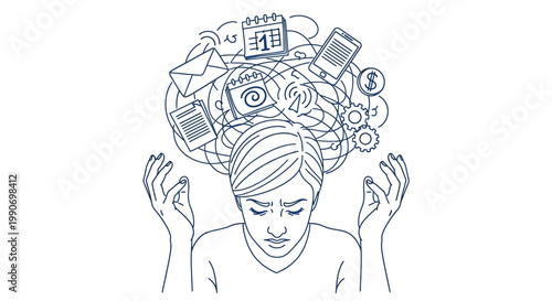 Stressed Woman with Brain Overload and Multitasking Icons in Bright Studio