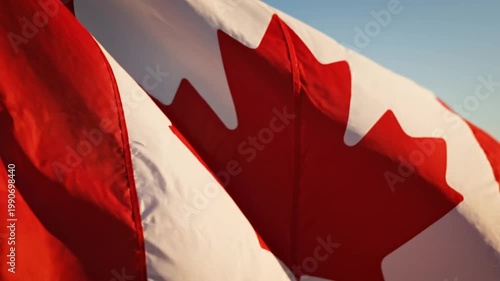 Extreme close-up of Canadian flag fabric waving in wind, detailed texture and sunlight, shallow depth of field, 8k cinematic slow motion, patriotic background., 2026