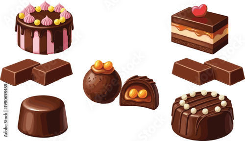 Chocolate Dessert Illustration Set with Cake, Truffles, Pralines, and Sweet Candies for Bakery Menu Design, Confectionery Branding, and Delicious Food Graphics