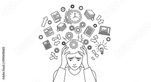 Overwhelmed woman with many thoughts.