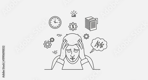 Overwhelmed person with stressful thoughts and deadlines.