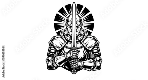 Medieval knight in armor with sword.