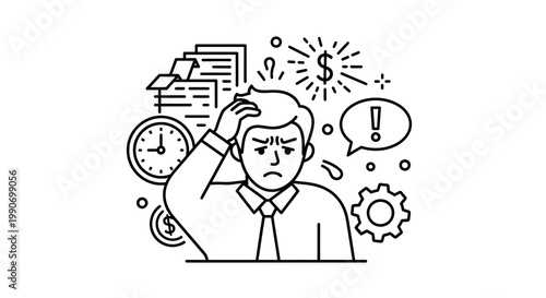 A stressed businessman with confused thoughts.