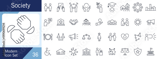 Modern Society Line Icon Collection with Community, Social Care and Civic Life Symbols.