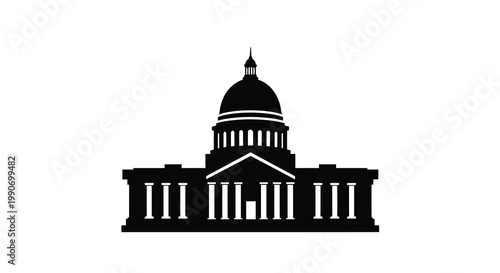 A striking black silhouette of a capitol building against a white background silhouette