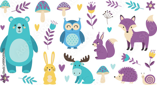 Cute Woodland Animal Illustration Set with Bear Fox Owl Moose Squirrel Rabbit and Hedgehog for Whimsical Nursery Decor Nature Graphics and Childrens Scrapbooking Designs
