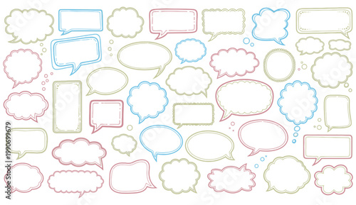 Large set of hand drawn doodle speech bubbles and thought clouds in pastel colors isolated on white background for design