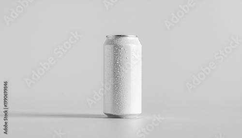 A cold soda can sits on a plain surface with a gray background.