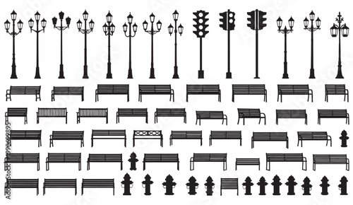 Extensive set of urban street furniture silhouettes including lamp posts benches and fire hydrants for city planning design