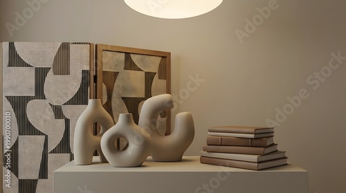 A curated display of modern abstract ceramic vases and stacked books on a shelf complemented by geometric patterned screens and overhead lighting