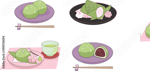 Traditional Japanese Mochi Dessert Illustration Set with Green Tea, Daifuku, and Sweet Rice Cakes for Asian Food Menu Design, Cultural Cuisine, and Dessert Graphics