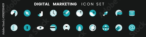Digital marketing icon set with SEO, communication, and business symbols on dark background. Flat UI elements including search, email, analytics, and target icons. Modern vector collection for web, ap