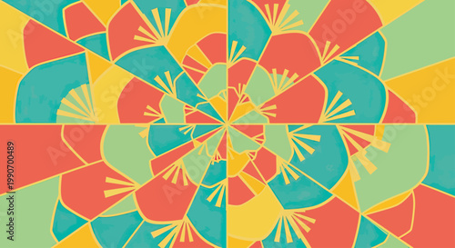 Symmetrical abstract pattern of segmented radial shapes in coral, turquoise, yellow, and green