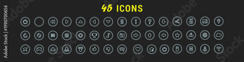 Minimal circle icon set with universal UI symbols on dark background. Clean outline buttons including play, pause, search, settings, and navigation icons. Modern vector collection for web and mobile i