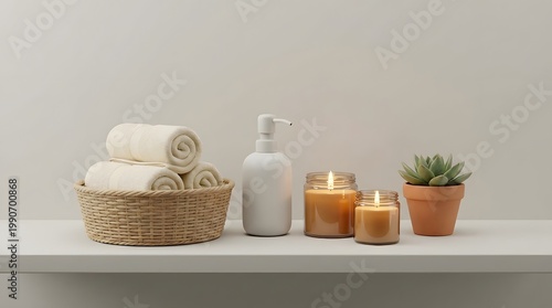 Relaxation essentials including rolled towels in a basket a soap dispenser lit candles and a potted plant on a shelf