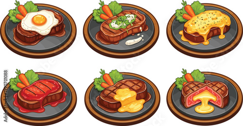 Set of Gourmet Toast Sandwich Illustrations with Eggs, Meat, Cheese, and Vegetables for Breakfast Menu Design, Restaurant Branding, Food Packaging, and Culinary Graphics