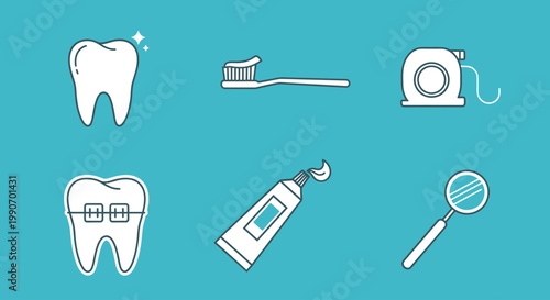 Flat lay of dental care icons including tooth, toothbrush, timer, toothpaste, and dental mirror on a blue background.
