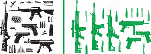 Vector illustration of firearms collection including sniper rifles, assault rifles, pistols, and ammunition for tactical and military design