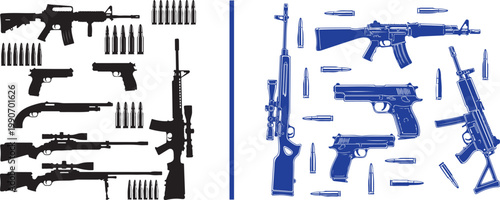 Collection of firearm silhouettes and vector illustrations including rifles pistols and ammunition for military and law enforcement design