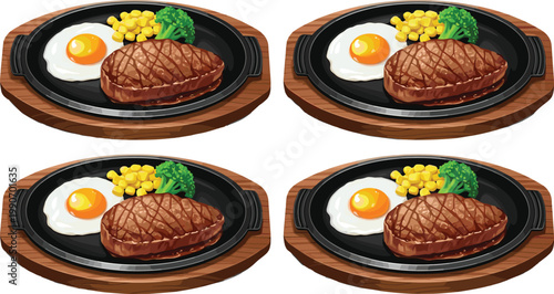 Grilled Steak Plate with Fried Egg, Corn, and Broccoli Vector Illustration Set for Restaurant Menu Design, Food Advertising, Culinary Branding, and Meal Presentation
