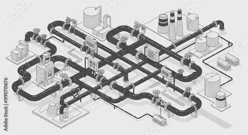 Complex Subway System Network Illustration with Tracks and Stations.