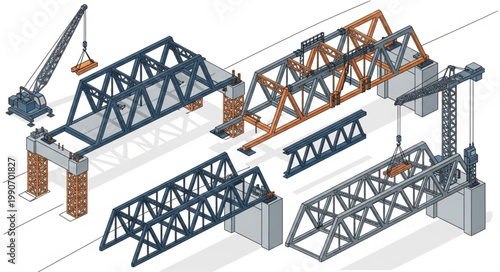 Construction Bridge Assembly with Steel Trusses and Cranes.