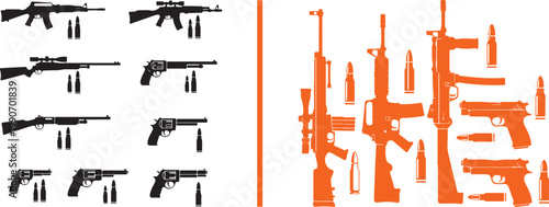 Collection of firearm silhouettes including assault rifles handguns and bullets vector illustration for military and security infographics