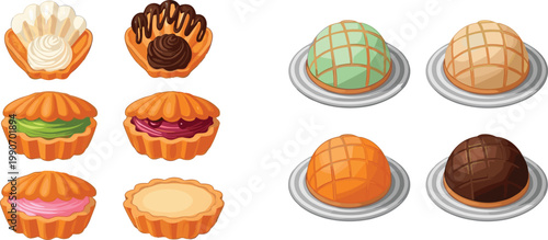 Colorful Dessert Vector Set Featuring Cupcakes, Tarts, and Chocolate Truffles with Cream, Fruit Fillings, and Decorative Sweet Bakery Designs