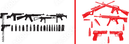 Collection of firearm silhouettes including assault rifles handguns and ammunition bullets vector illustration for military and defense concepts
