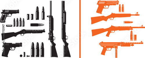 Vector Silhouette Set of Firearms and Ammunition Including Pistols Rifles Shotguns and Bullets for Security Design