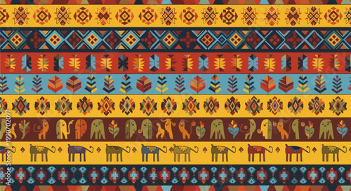 Vibrant, horizontal bands of geometric patterns and stylized animals in warm earthy tones