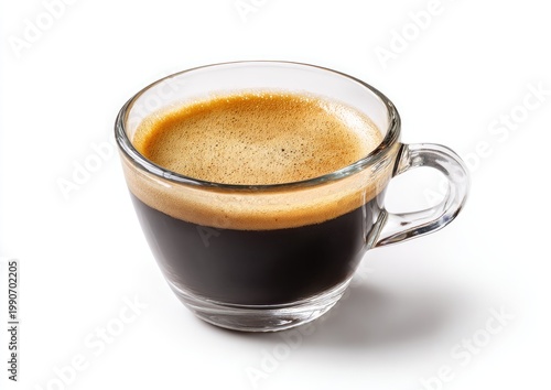 Rich dark espresso with a creamy tan crema in a clear glass cup