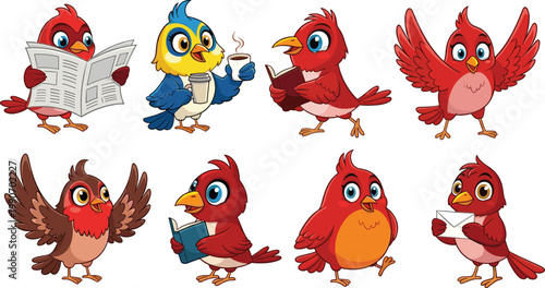 Cute Bird Character Set Featuring Red and Blue Birds Reading Newspapers, Drinking Coffee, Flying, and Carrying Letters for Childrens Storytelling and Digital Graphics