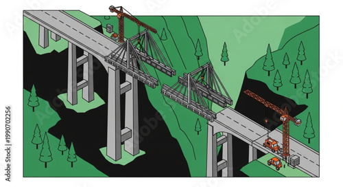Construction of Bridge with Tall Support Pillars and Crane.